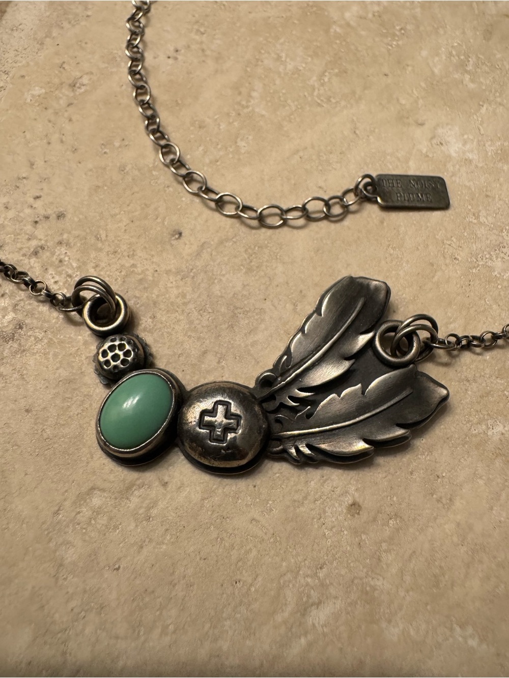 The Noisy Plume Sterling Silver Feather Turquoise Pendant Necklace - Green - Picture 2 of 4